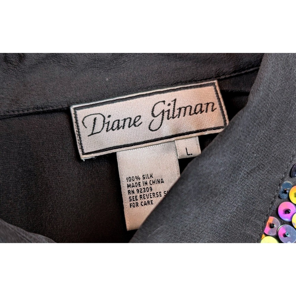 Diane Gilman Silk Sequin Blouse Black Iridescent Button Down Long Sleeve Large - Picture 5 of 8
